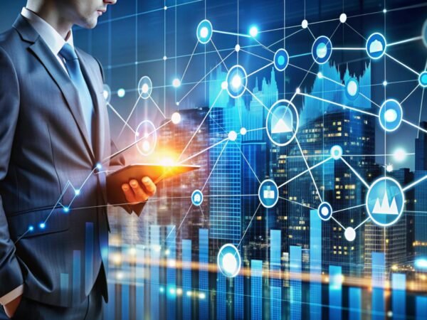 Businessman using tablet with digital network graphic in front of cityscape.